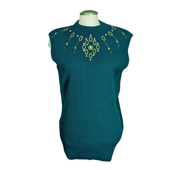 Vintage Womens Sweater Mock Neck Sleeveless OS Teal Embellished Ribbed Longline - Picture 3 of 5